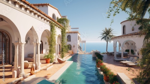 Elegant Spanish-style villa with a private path leading directly to the sandy shores, boasting beautiful terraces, colorful tiles, and a pristine infinity pool. Generative Ai