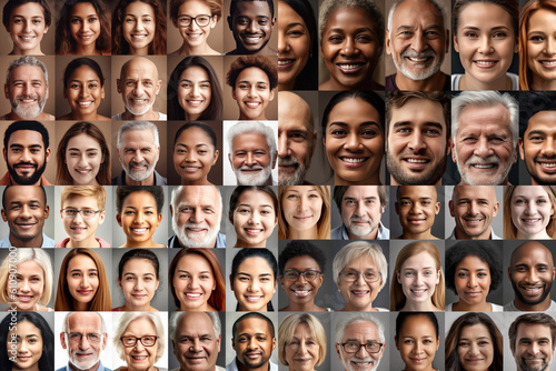 Collage of large group of smiling people, multiracial and of different ages composite portrait image of society, created with Generative AI
