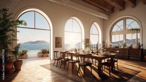 Rustic yet elegant dining area in a Spanish-style villa  featuring a large wooden table  traditional Spanish decor  and glimpses of the ocean through arched windows. Generative Ai