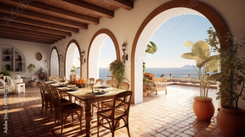 Rustic yet elegant dining area in a Spanish-style villa, featuring a large wooden table, traditional Spanish decor, and glimpses of the ocean through arched windows. Generative Ai