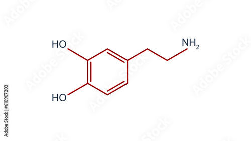 Structural chemical formula of dopamine molecule over white background.