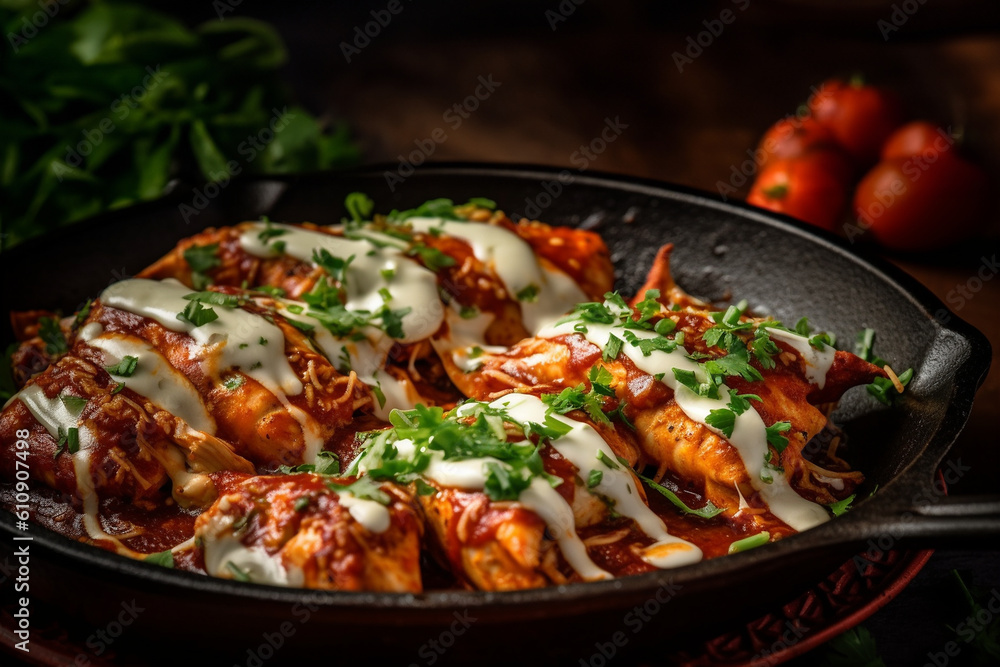 Leckere überbackene Hähnchen Fleischstücke eingerollt in Paste mit Tomatensoße und Käse Béchamelsauce, ai generativ Leckere überbackene Hähnchen Fleischstücke eingerollt in Paste mit Tomatensoße und Käse Béchamelsauce, ai generativ