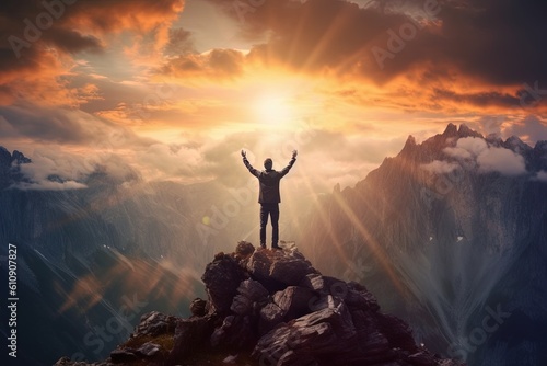 Man with arms raised standing on top of a mountain The man thank God on the mountain. Generative Ai