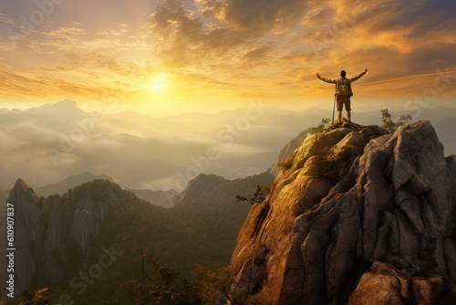 Man with arms raised standing on top of a mountain,The man thank God on the mountain. Generative Ai © Rudsaphon