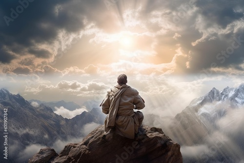 Man with arms raised standing on top of a mountain,The man thank God on the mountain. Generative Ai © Rudsaphon