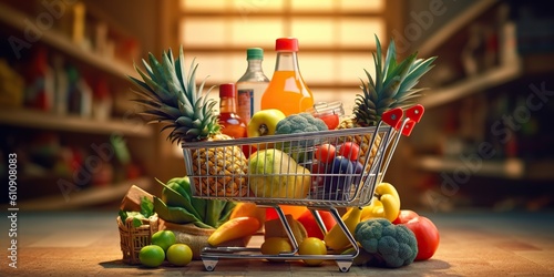 AI Generated. AI Generative. Shopping cart with a lot of fruits and vegetables. Marketing sale holidays promotion vibe. Graphic Art