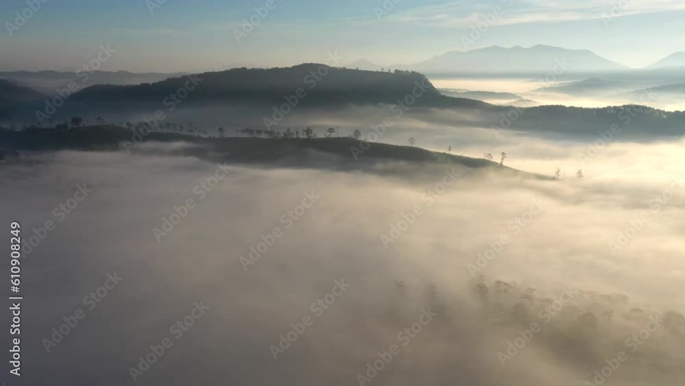 27c national road, Lac Duong, Lam Dong, Vietnam. Misty fog blowing over pine tree forest. Footage of spruce forest trees on the mountain hills at misty day. Morning fog at beautiful autumn forest. 27c national road, Lac Duong, Lam Dong, Vietnam. Misty fog blowing over pine tree forest. Footage of spruce forest trees on the mountain hills at misty day. Morning fog at beautiful autumn forest.