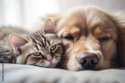 Close-Up of Cat and Dog: Lying Together. Animal Friendship. Isolated Illustration on Transparent Background. Generative AI © Flowstudio