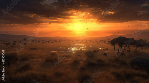 African sunset over the Serengeti - Generative AI stock illustration