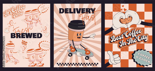 Coffee retro cartoon fast food posters and cards. Comic character slogan quote and other elements for burger bar restaurant. Social media templates stories posts. Groovy funky vector illustration.