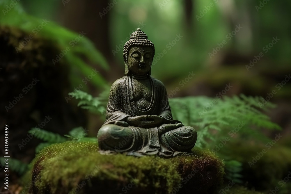 Little Buddha statue in blurred green bamboo zen jungle, friendly peaceful tropical environment, fresh natural spa asian wallpaper. Mindfulness, wellness, Inspiring concept. Generative AI Technology