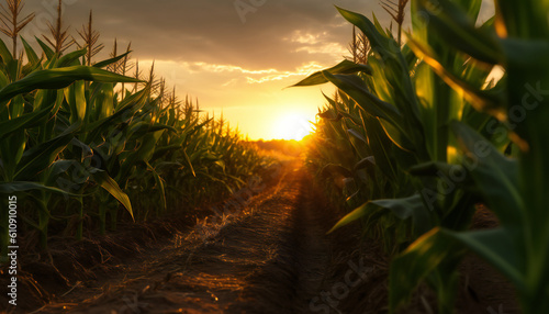 Recreation artistic of maizefield with maize plants at sunset. Illustration AI photo