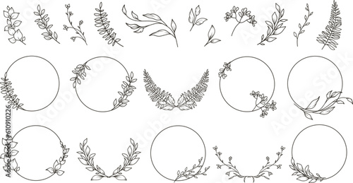 Set of hand drawn minimal floral logo elements. Frames, branches and leaves. Vector for label, logo, corporate identity, wedding invitation, save the date card