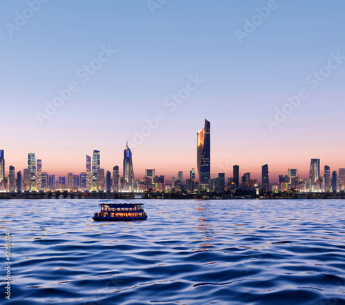 Serenity's Glow: Kuwait Cityscape Illuminated by Sunset