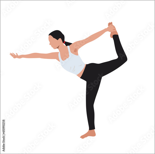Young woman doing yoga. An enthusiastic performing yoga for fitness. Flat vector style illustration in white background. 