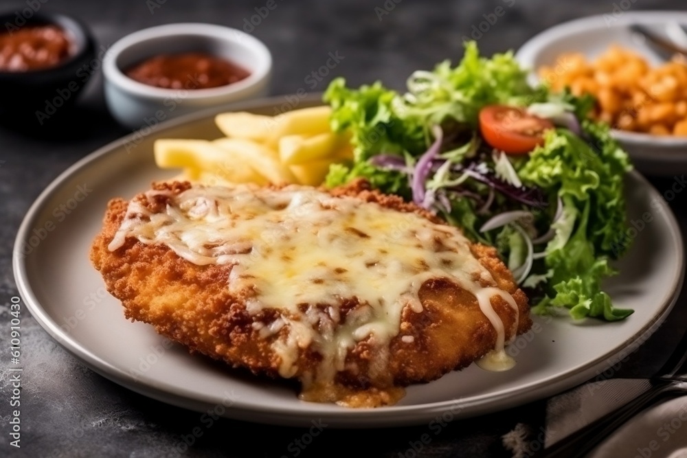  Crispy Breaded Chicken with Melted Cheese Topping. Generative AI
