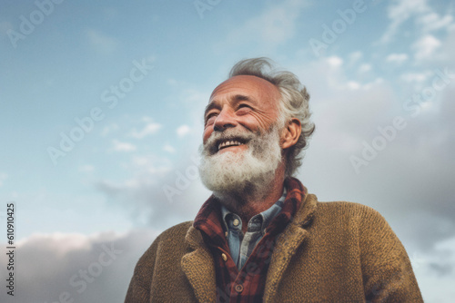 Closeup portrait of happy 80 year old man looking up into the sky. Generative AI
