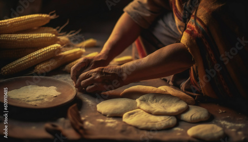 Recreation acrostic of indian indigenous woman hands making tortitas cakes with cob flour. Illustration AI photo