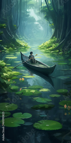 Person in a boat amidst a green lake. 