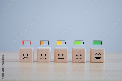 Level of low battery with sadness face to full battery with happy smile face. Energy life, Emotion Level, World mental health day, Passion, Happy Life, Satisfaction, Full energy and Positive thinking.