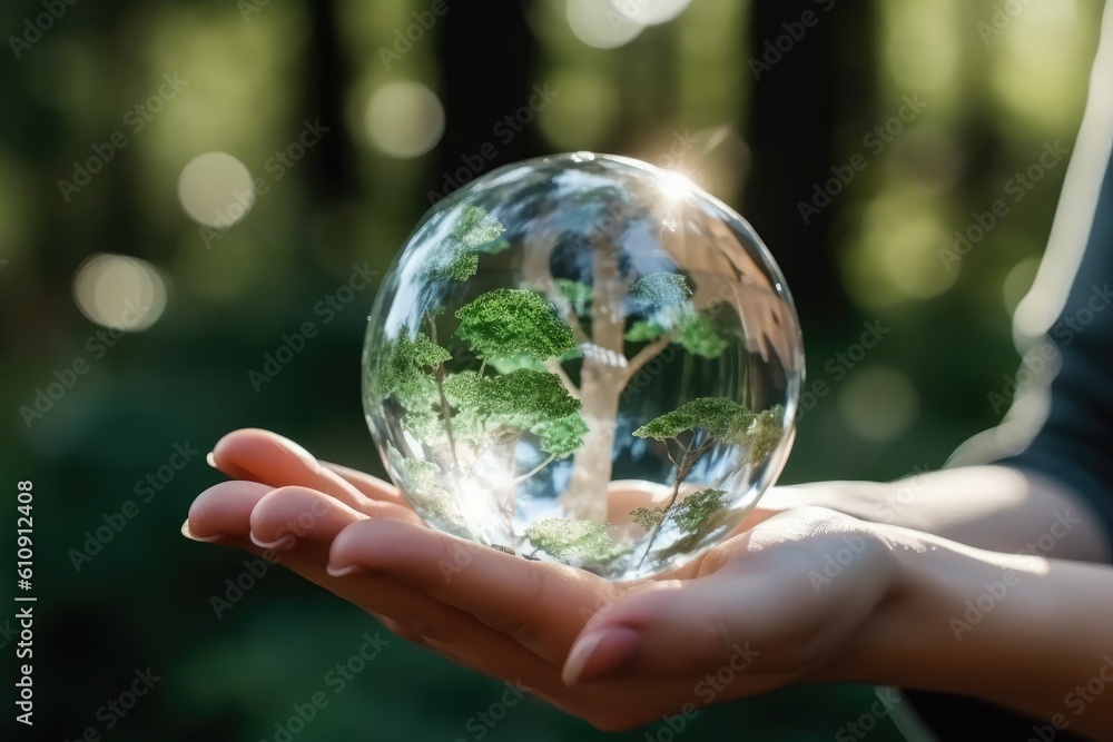 hand holding a crystal earth globe - ecology concept created using generative AI tools