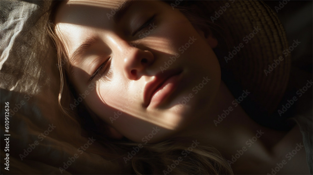 Generative AI Illustration of A Woman Sleeping in the Morning with Sunlight on her Face Generative AI Illustration of A Woman Sleeping in the Morning with Sunlight on her Face