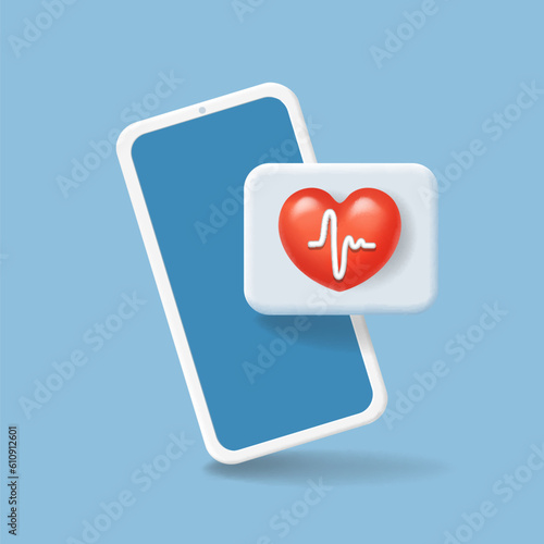 Mobile App for heart pulse. Heartbeat rate on smart phone screen. Cardio pulse control line Icon. Vector 3d Illustration.