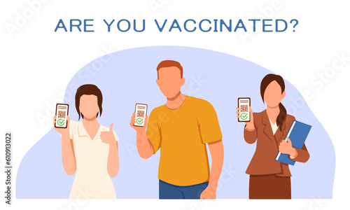 Vaccinated male and ladies showing digital vaccination passport. Characters show certificate with qr code on mobile phone app. Health care concept. Vector flat illustration