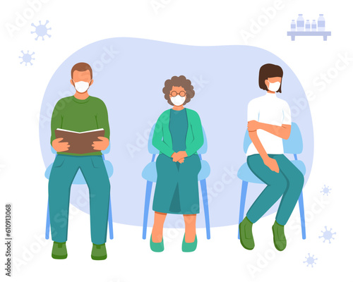 Queue of people for vaccination. Old lady, young man and female in line in medical masks, waiting for vaccine in hospital. Cartoon flat vector illustration in blue and green colors