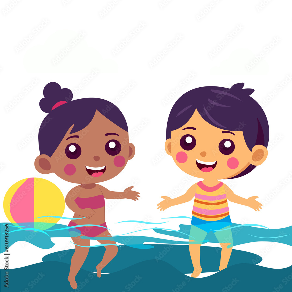 Cartoon Kids Playing With Beach Ball Under Water On Background. Cartoon Kids Playing With Beach Ball Under Water On Background.