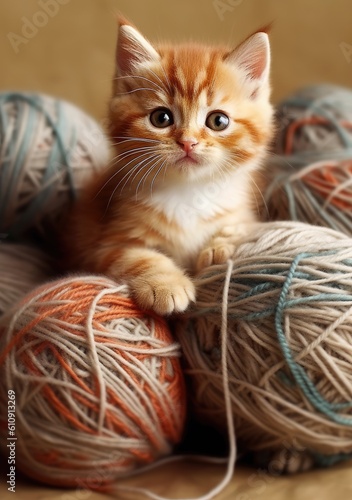 cuten young kitten cat playing with wool created using generative AI tools photo