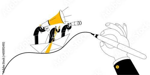Company employees in business suits are floating on a paper boat. A large hand draws waves. Vector illustration dedicated to helping small businesses and crisis management.