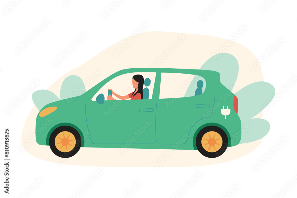 Cartoon young woman rides eco car. Reducing world energy consumption. Usage of green vehicles. Modern eco urban transport. Vector flat illustration on white background Cartoon young woman rides eco car. Reducing world energy consumption. Usage of green vehicles. Modern eco urban transport. Vector flat illustration on white background