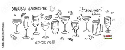 Cute set with cocktails collection, alcoholic and non-alcoholic summer drinks with ice cubes, fruits and text in doodle style. Great for bar menu design, packaging or advertising.  Vector illustration