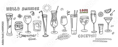 Big set with cocktails collection. Alcoholic and non-alcoholic summer drinks with ice cubes, fruits and text.  Great for banners, menu design, advertising.  Vector illustration EPS10 in doodle style