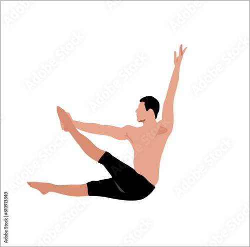 Young man practicing meditation flat vector illustration. Person character doing yoga exercises for mental and physical health, clear mind, harmony. Health, yoga, meditation concept for design