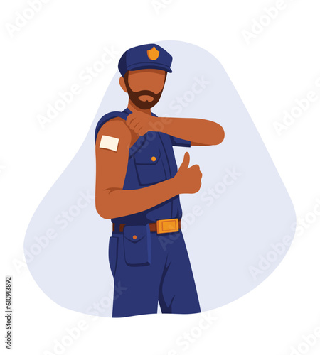 Vaccination save lives. Young policeman in uniform showing vaccinated arm and show sign class. Health care concept, stop virus and flu. Vector flat illustration in blue colors