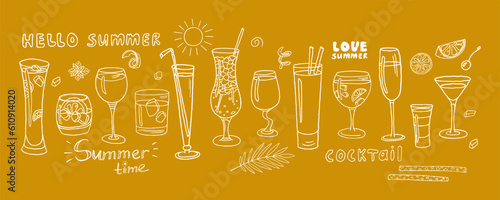 Cute set with cocktails collection, alcoholic and non-alcoholic summer drinks with ice cubes, fruits and text in doodle style. Great for bar menu design or advertising. Isolated on colorful background