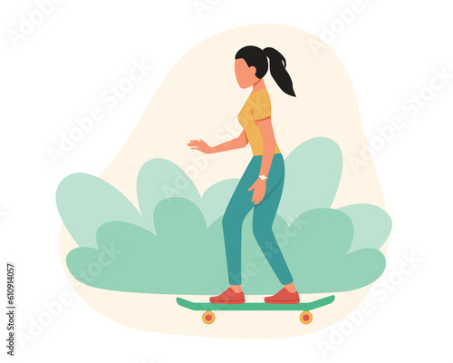 Flat character of young woman riding skateboard on road using eco transport. Reducing world energy consumption. Usage of green vehicles. Modern eco urban transport. Vector