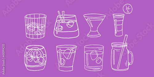 Hand-drawn set with cocktails collection. Acoholic drinks with ice cubes and fruits.  Doodle style . Great for banners, bar menu design, packaging or advertising.  Isolated on Colorful background