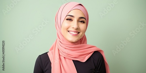 Web banner. Portrait of young smiling Arab woman wearing hijab on light green background. Generation Ai. Concept of women's freedom and equality photo
