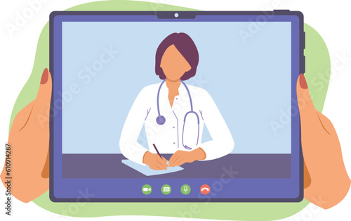 Online conference with cartoon female doctor on tablet. Distance group call. Video call meeting with therapist. Vector flat style illustration on white background