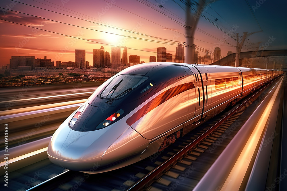 High-speed train on the railway at sunset. . Concept of speed and ...