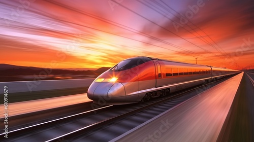 High-speed train on the railway at sunset. . Concept of speed and motion. created by generative AI