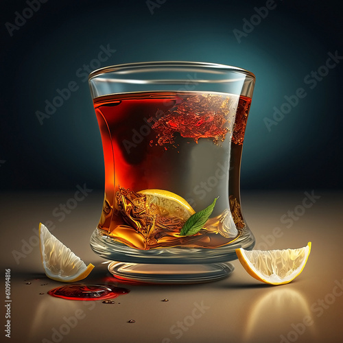 Traditional oriental black Turkish tea in a decorative glass on a dark background, Generative AI, generative artificial intelligence
