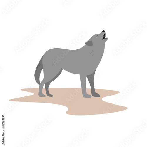 Gray wild wolf howls. Minimalist flat graphic of a wolf standing and howling. Vector illustration on a white background.