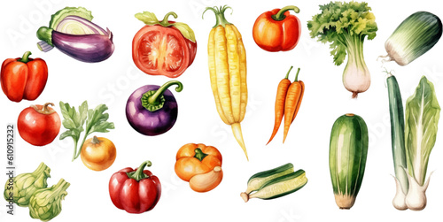Set of watercolor mixed vegetables Easy to draw, white background 