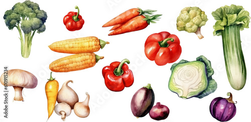 Set of watercolor mixed vegetables Easy to draw, white background 