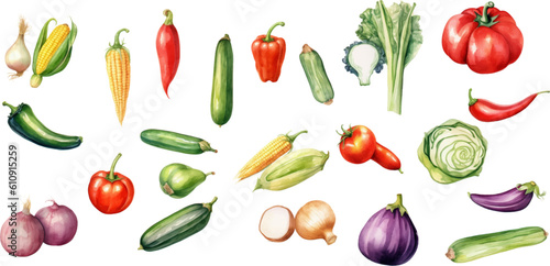 Set of watercolor mixed vegetables Easy to draw  white background 