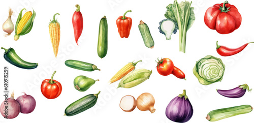 Set of watercolor mixed vegetables Easy to draw, white background 